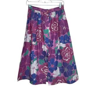 Malia Honolulu Tropical Hawaiian Floral Print Button Front Midi Skirt Pockets